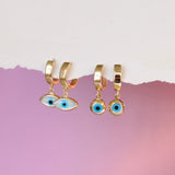 14K Solid Gold Unisex Blue Evil Eye Single Huggie Hoop