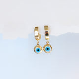 14K Solid Gold Unisex Blue Evil Eye Single Huggie Hoop
