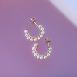 14K Solid Yellow Gold Pearls Open Hoops Earrings