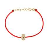 14K Solid Yellow Gold Diamond & Sapphire Hamsa Hand Leather Cord Bracelet
