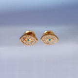 14K Solid Yellow Gold CZ Evil Eye Earrings