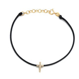 14K Solid Yellow Gold Pave Diamond  Cross Leather Cord Bracelet