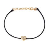 14K Solid Yellow Gold Diamond Heart Leather Cord Bracelet