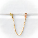 14K Solid Yellow Gold Double Stud Chain-Connected Earring