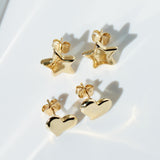 14K Solid Yellow Gold Large Heart Stud Earrings