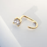 14K Solid Yellow Gold CZ Solitaire Backward Hoop Earring