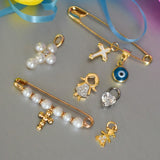 14K Solid Gold Pearls Unisex Baby Pin with a Cross