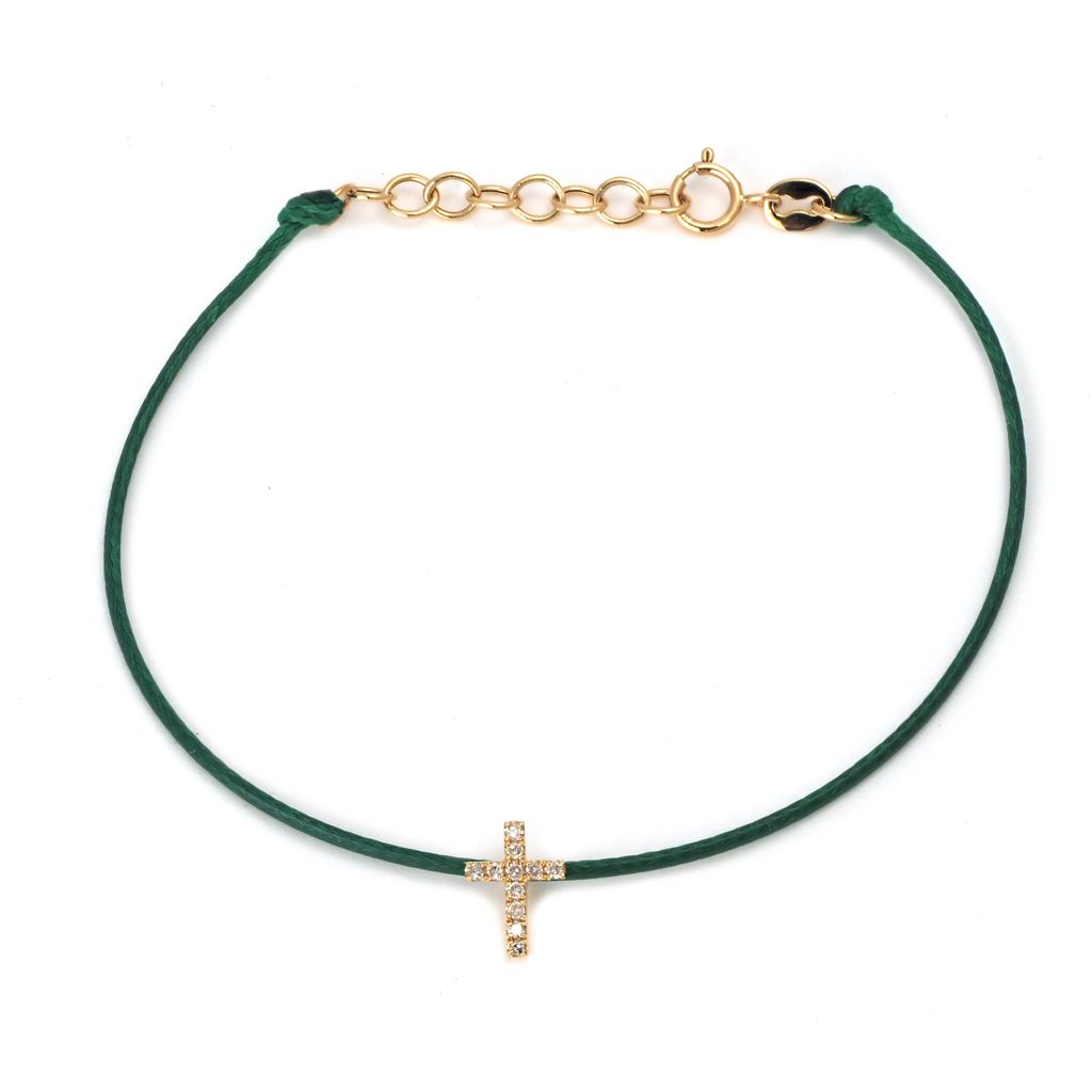 14K Solid Yellow Gold Pave Diamond  Cross Leather Cord Bracelet