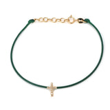 14K Solid Yellow Gold Pave Diamond  Cross Leather Cord Bracelet