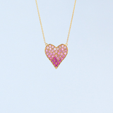 14K Solid Yellow Gold Pink Sapphire Heart Necklace