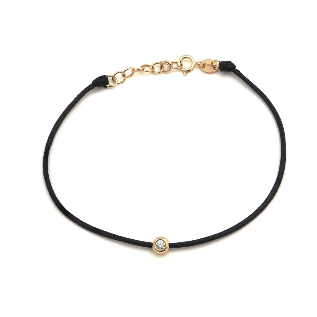 14K Solid Yellow Gold Diamond Bezel Leather Cord Bracelet