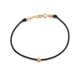 14K Solid Yellow Gold Diamond Bezel Leather Cord Bracelet