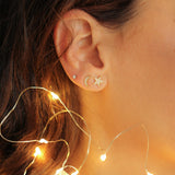 14K Solid Gold CZ Star and Moon Mismatched Studs