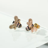 14K Solid Yellow Gold Pave Diamond Bee Stud Earrings