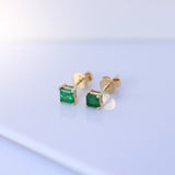 14K Solid Yellow Gold Emerald Princess Cut Stud Earrings