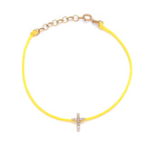 14K Solid Yellow Gold Pave Diamond  Cross Leather Cord Bracelet