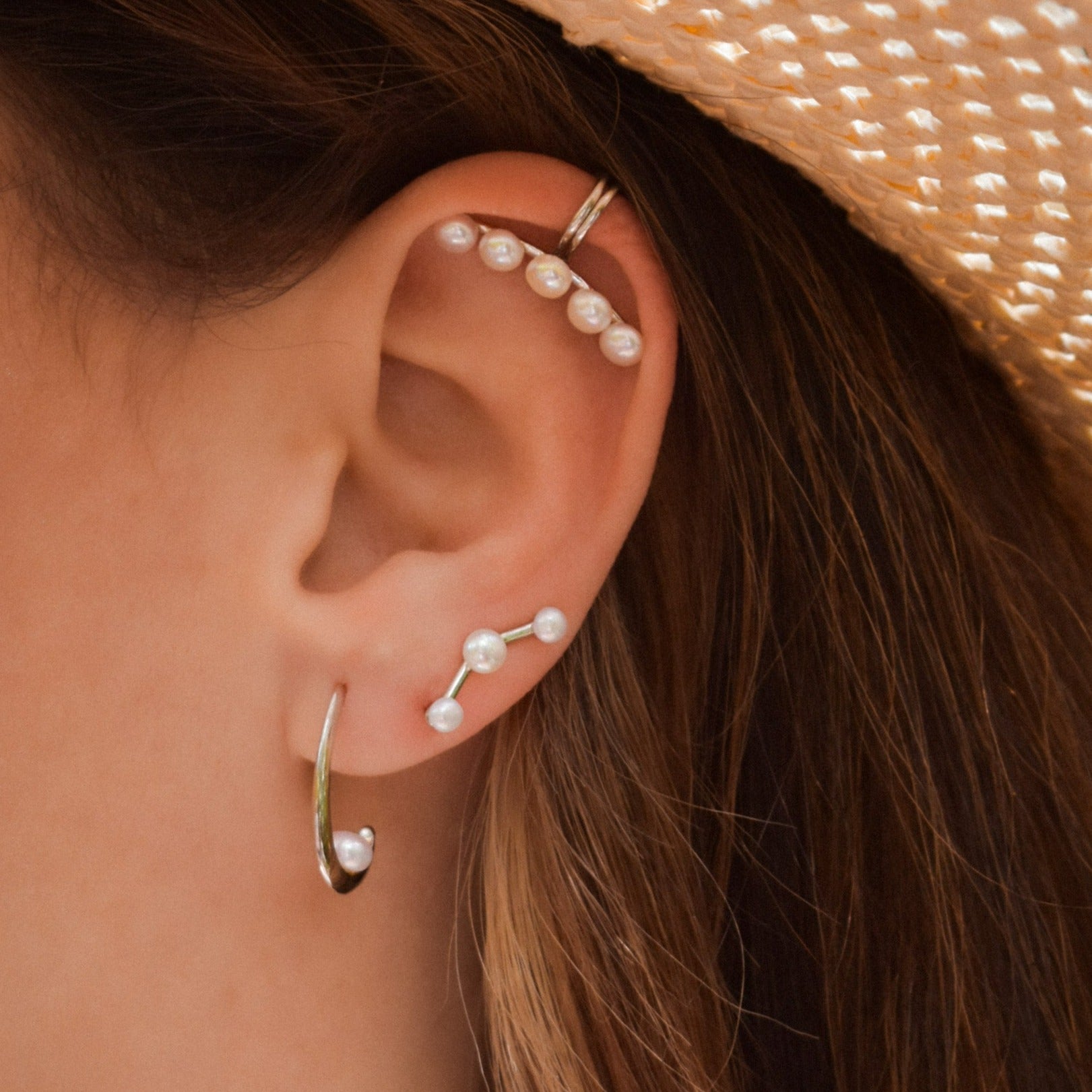 925 Sterling Silver 5 Freshwater Pearls Row Ear Cuff