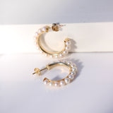 14K Solid Yellow Gold Pearls Open Hoops Earrings