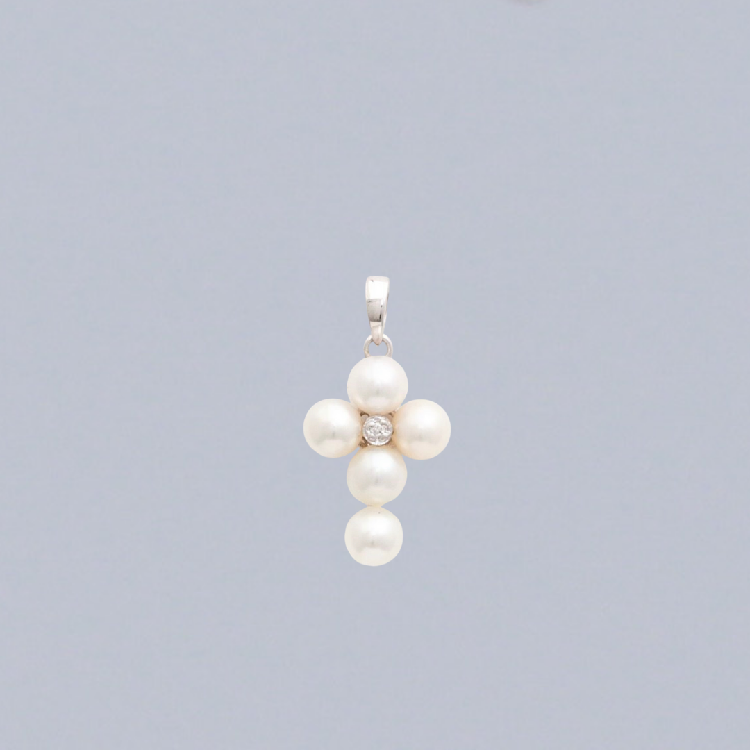 14K Solid Gold Pearls Cross Pendant with Pave Diamonds