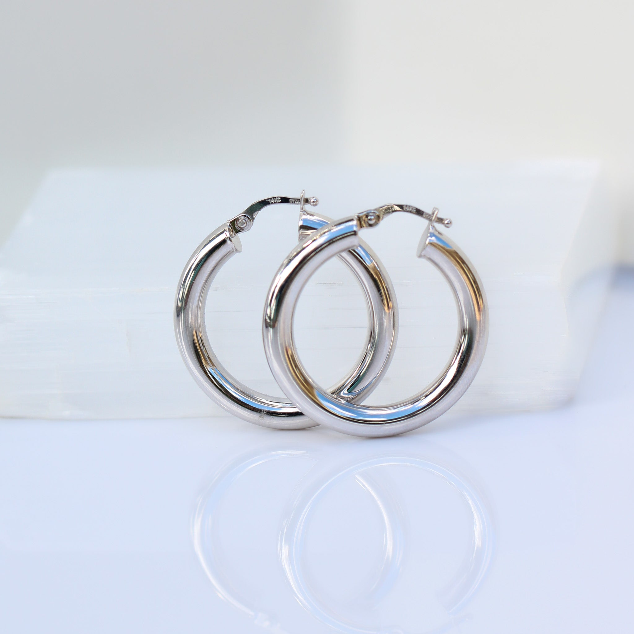 14K Solid White Gold 4mm Tube Hoops Earrings