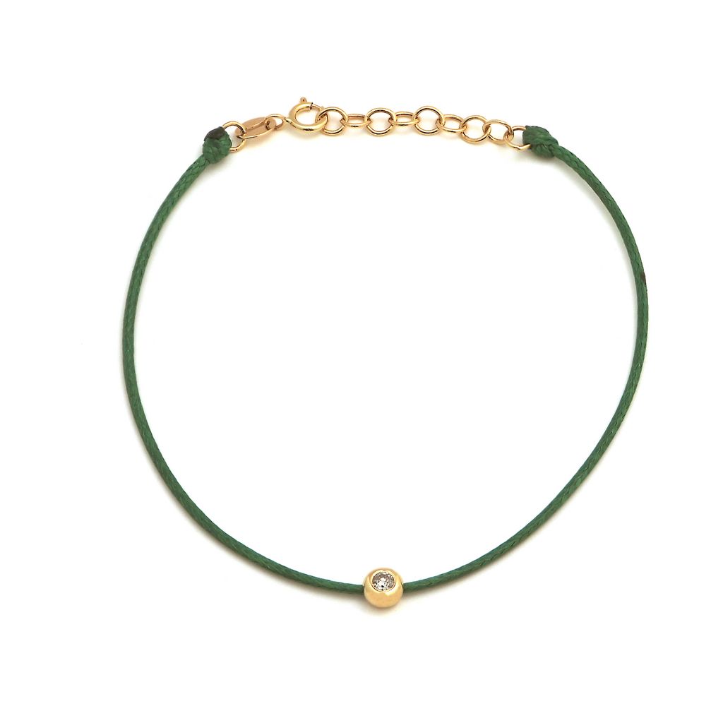 14K Solid Yellow Gold Diamond Bezel Leather Cord Bracelet