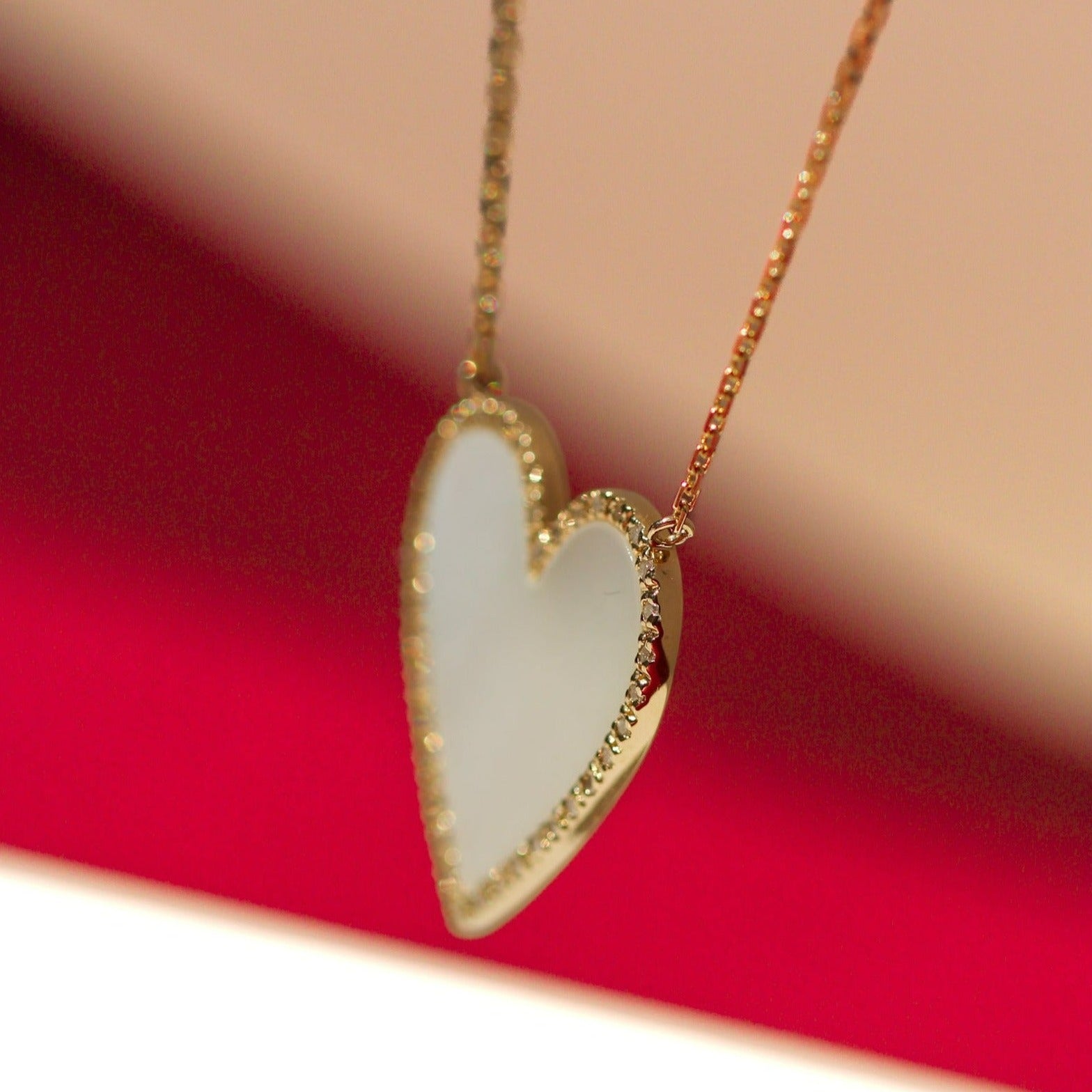 14K Solid Gold Genuine Stone Heart Necklace with Diamonds