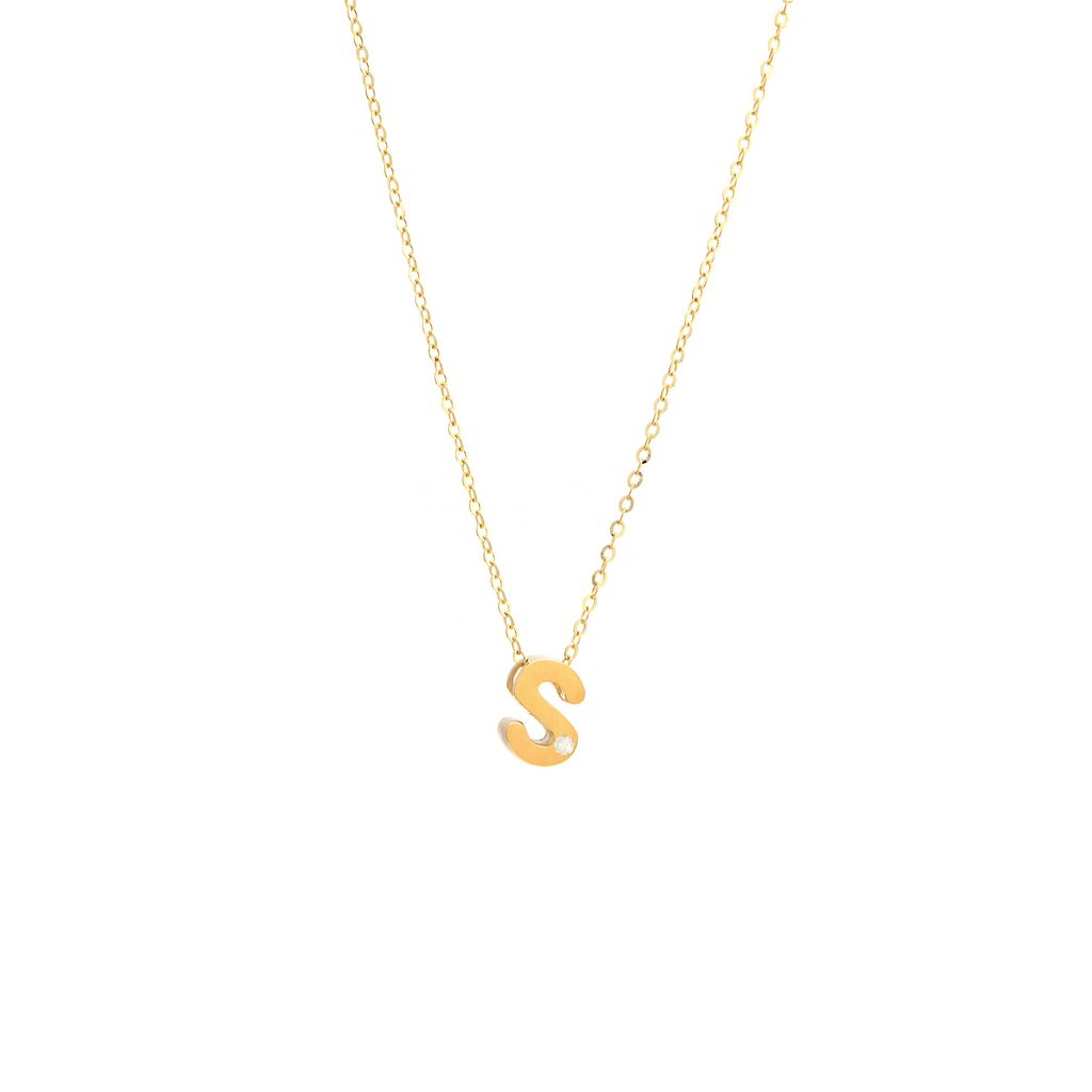14K Solid Yellow Gold Bulk Initial Necklace with Diamond