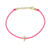 14K Solid Yellow Gold Pave Diamond  Cross Leather Cord Bracelet