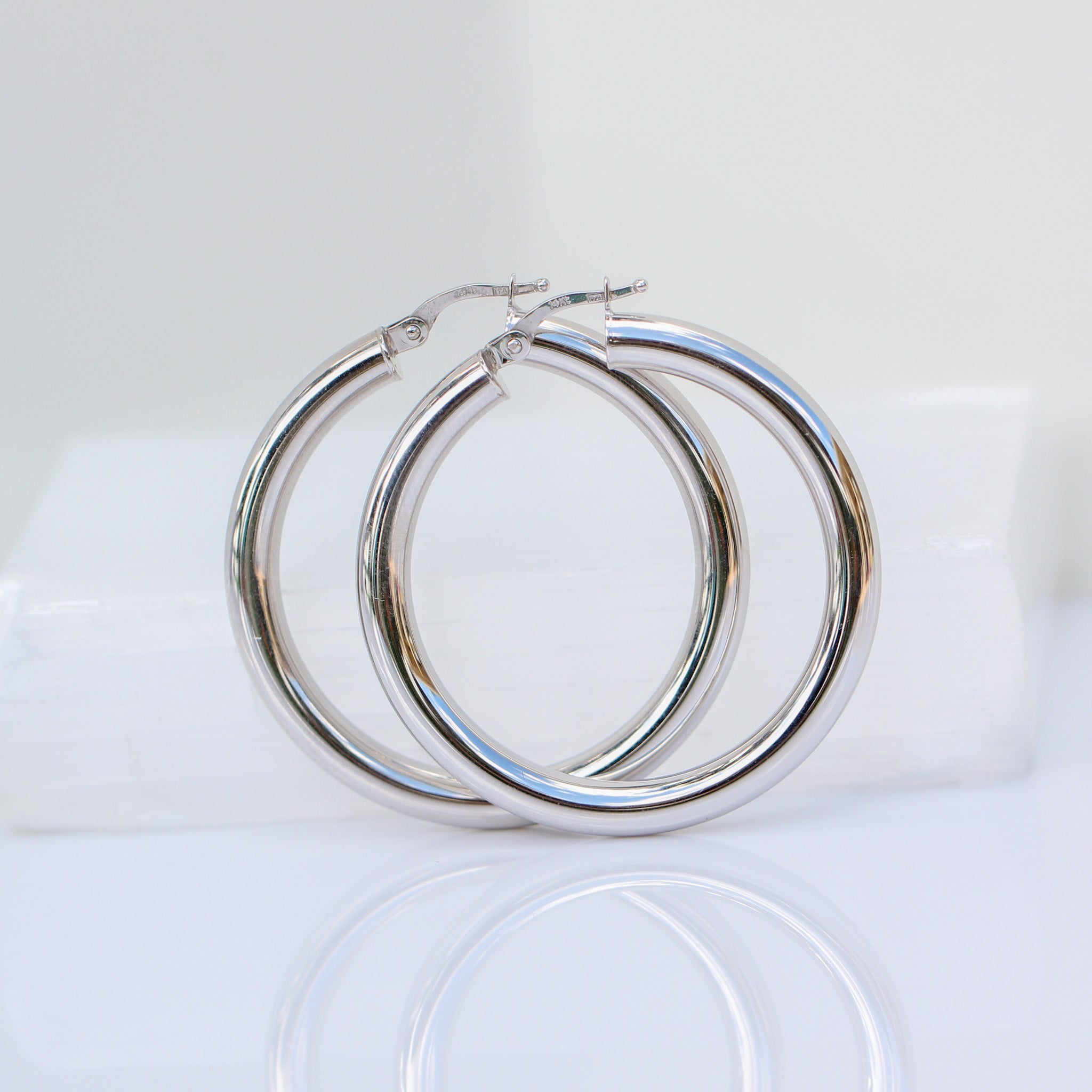 14K Solid White Gold 4mm Tube Hoops Earrings