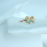 14K Solid Yellow Gold CZ Rainbow Curve Bar Earrings