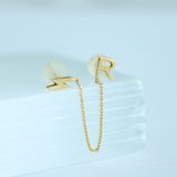 14K Solid Yellow Gold Double Stud Chain-Connected Earring