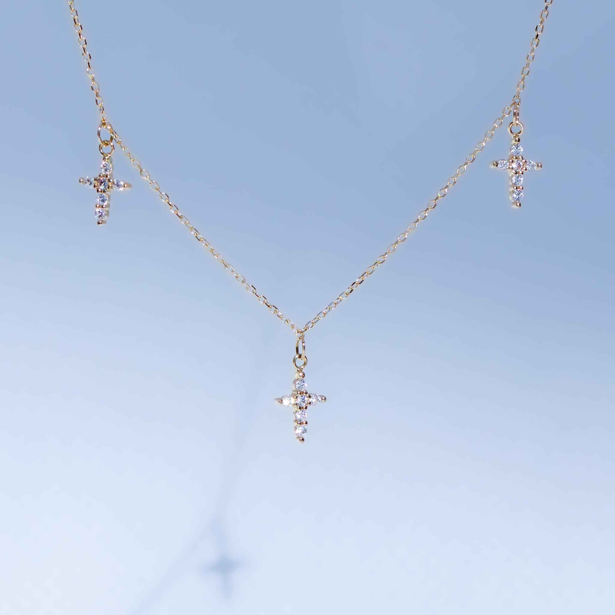 14K Solid Yellow Gold Stones Dangling Crosses Necklace