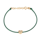14K Solid Yellow Gold Diamond Heart Leather Cord Bracelet