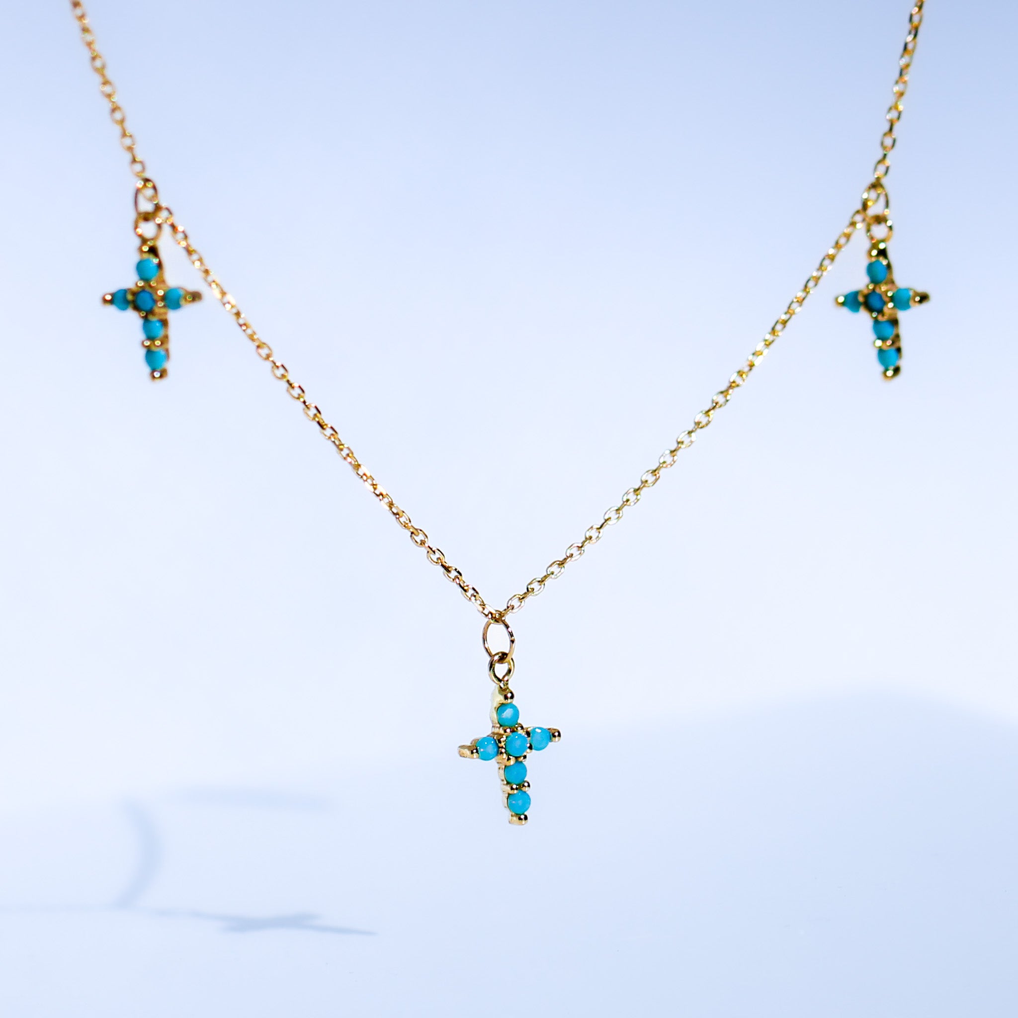 14K Solid Yellow Gold Stones Dangling Crosses Necklace