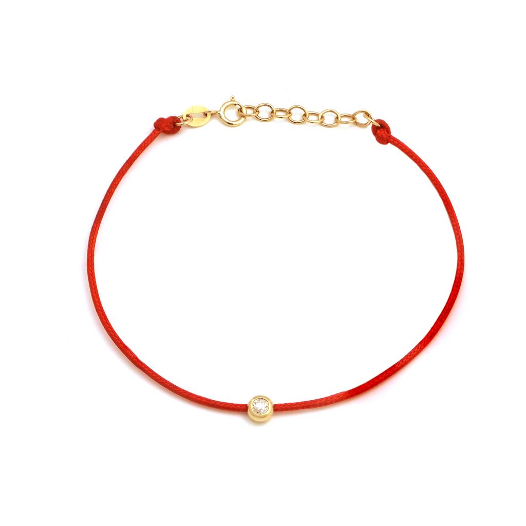 14K Solid Yellow Gold Diamond Bezel Leather Cord Bracelet