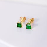 14K Solid Yellow Gold Emerald Princess Cut Stud Earrings