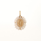 14K Solid Yellow Gold Italian Miraculous Medal with Diamonds & Pearls