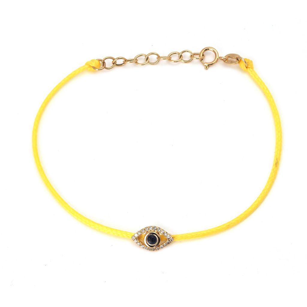 14K Solid Yellow Gold Diamond and Sapphire  Evil Eye Leather Cord Bracelet