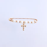 14K Solid Gold Pearls Unisex Baby Pin with a Cross