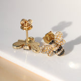 14K Solid Yellow Gold Pave Diamond Bee Stud Earrings