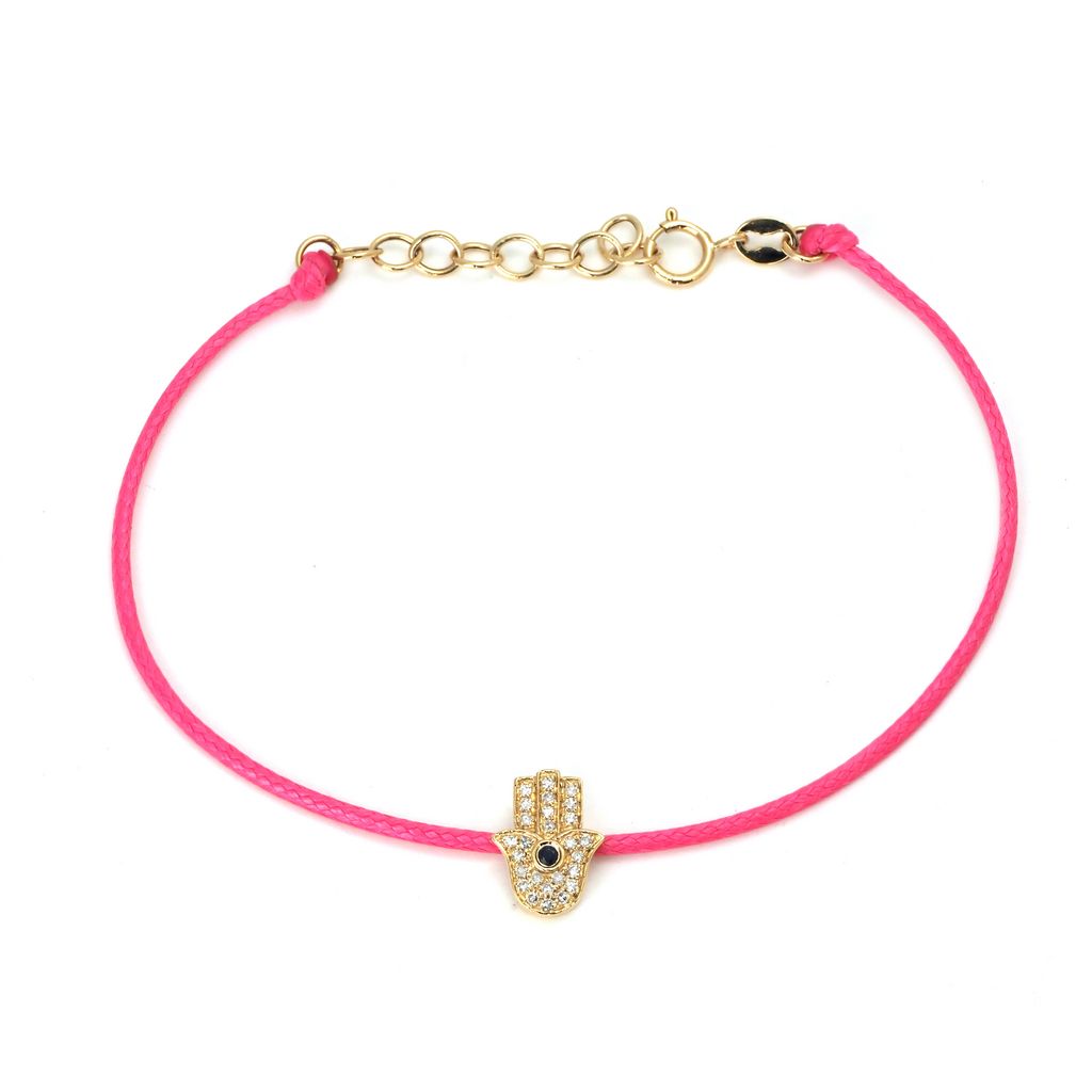 14K Solid Yellow Gold Diamond & Sapphire Hamsa Hand Leather Cord Bracelet