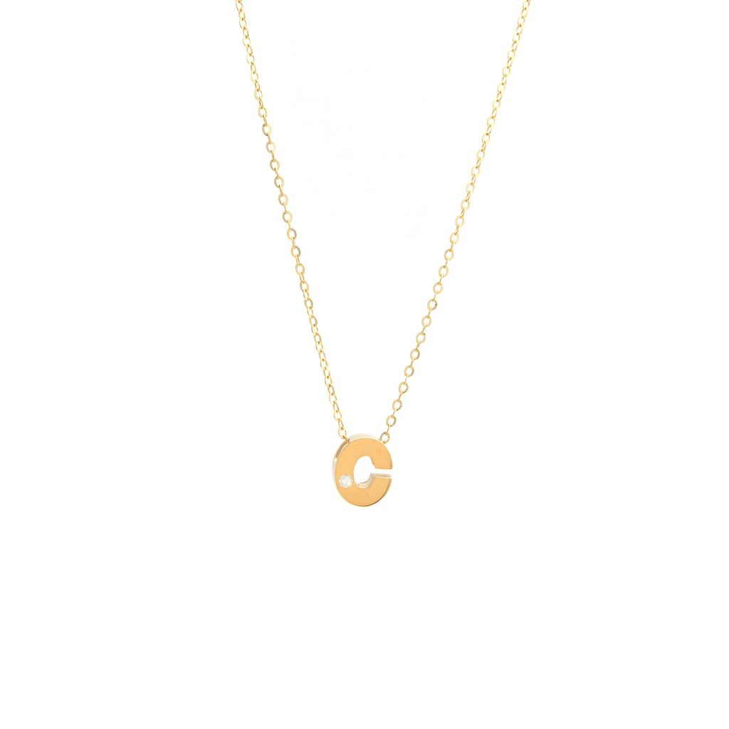 14K Solid Yellow Gold Bulk Initial Necklace with Diamond