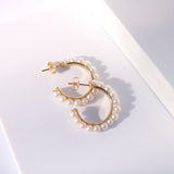 14K Solid Yellow Gold Pearls Open Hoops Earrings