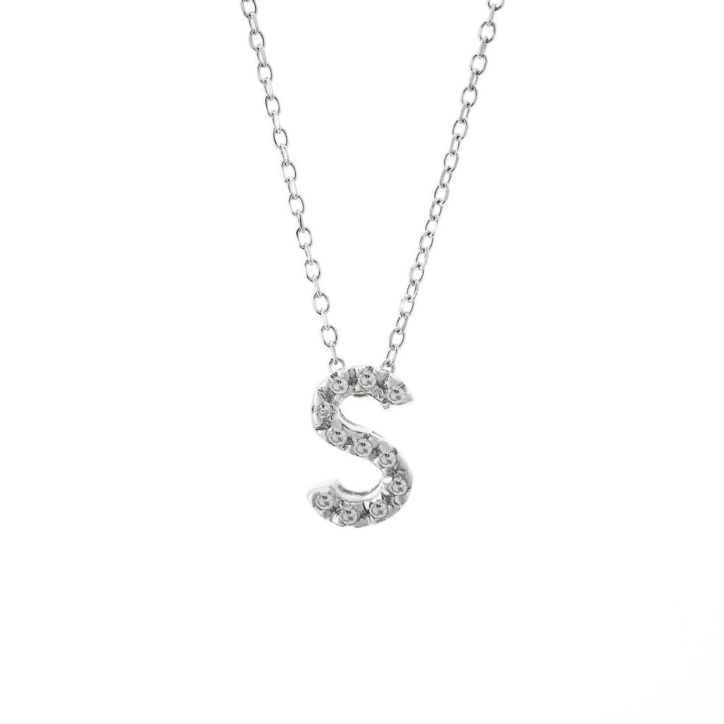 14K Solid White Gold Initial Diamond Necklace