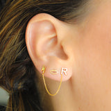 14K Solid Yellow Gold Double Stud Chain-Connected Earring