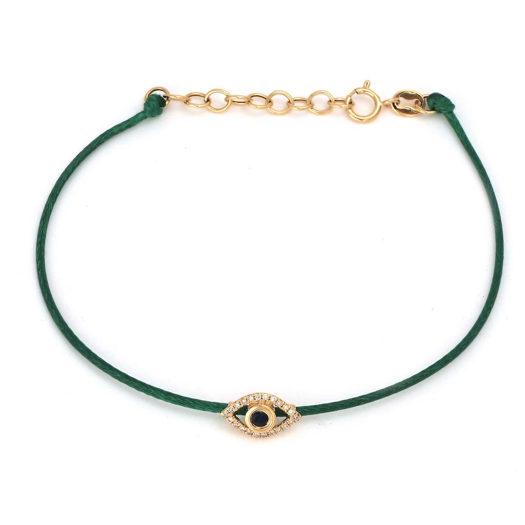 14K Solid Yellow Gold Diamond and Sapphire  Evil Eye Leather Cord Bracelet