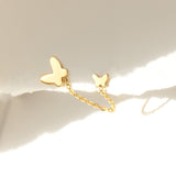14K Solid Yellow Gold Butterflies 1” Chain Connected Earring