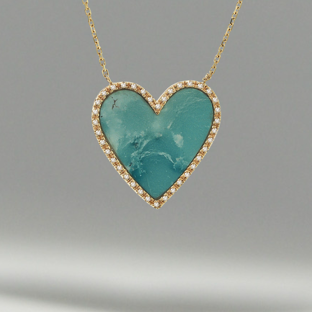 14K Solid Gold Genuine Stone Heart Necklace with Diamonds