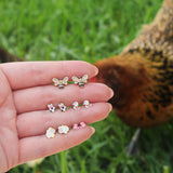 14K Solid Yellow Gold Pave Diamond Bee Stud Earrings