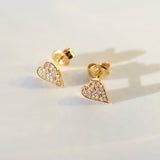 14K Solid Yellow Gold Pave Diamonds V Heart Earrings
